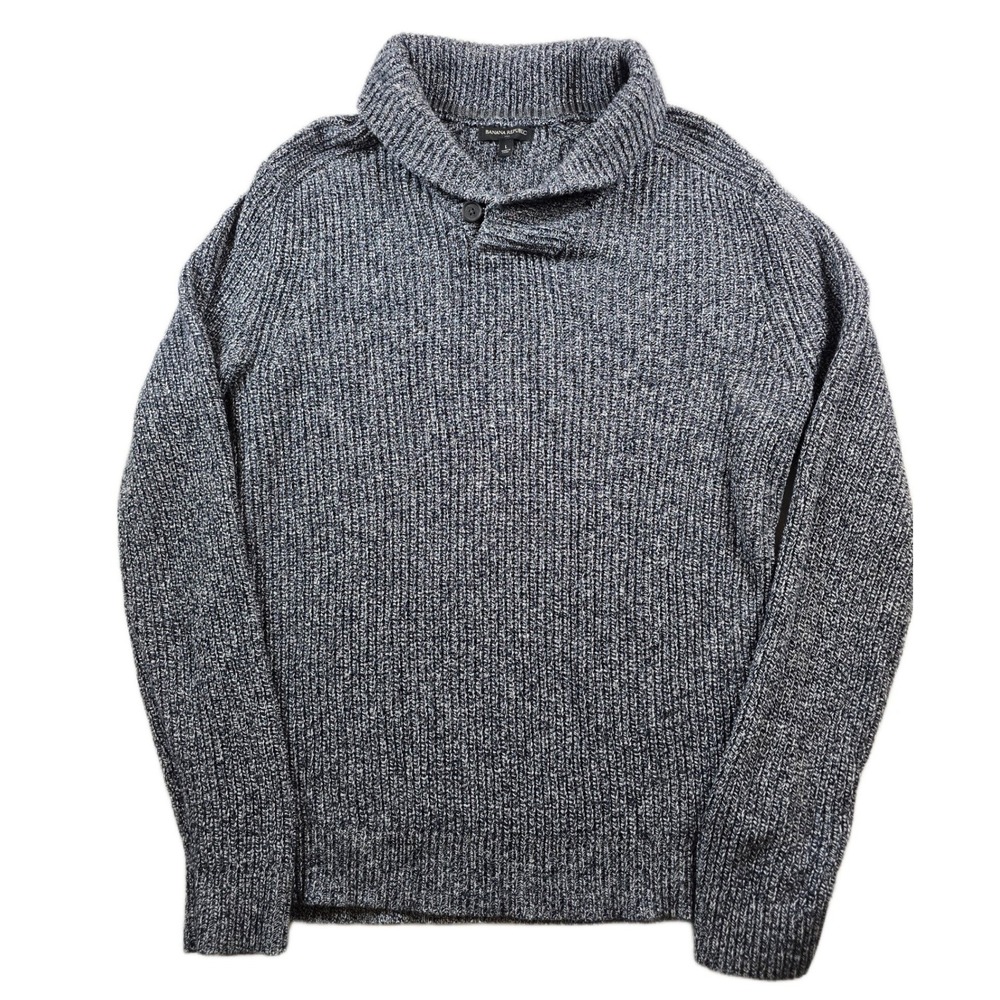 Banana Republic Shawl Collar Sweater Mens Large Navy Blue Marled Wool Blend Knit